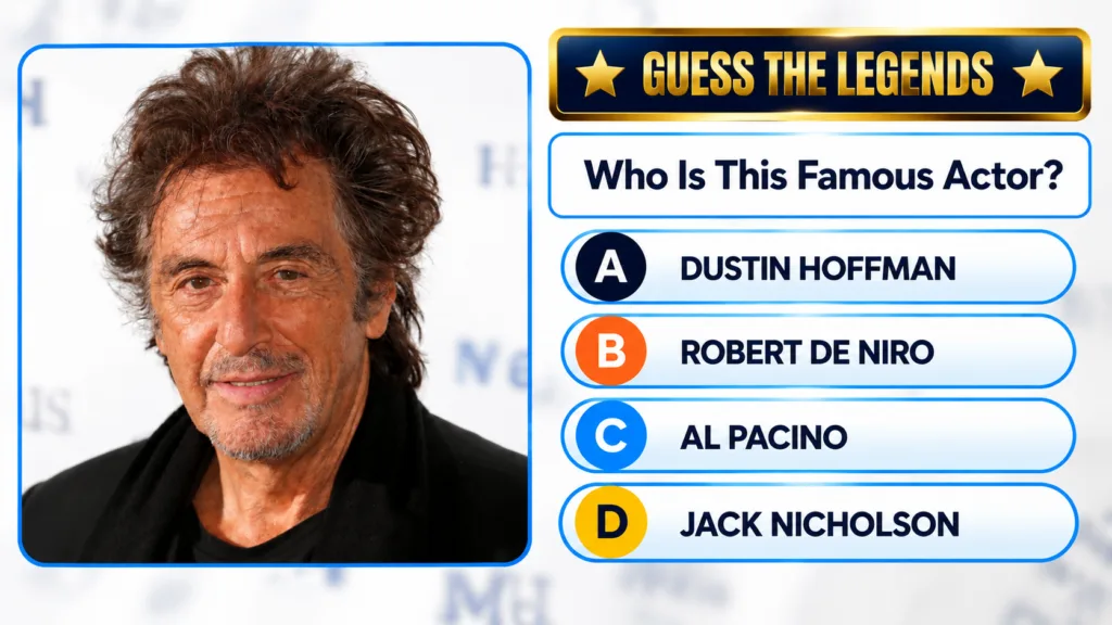 A mobile quiz interface featuring a close-up portrait of actor Al Pacino with tousled curly hair and a short beard The q