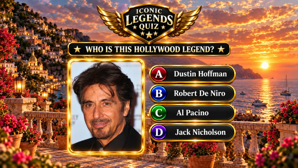 A mobile quiz interface featuring a gold-framed portrait of Al Pacino at its center with a Mediterranean sunset backgrou