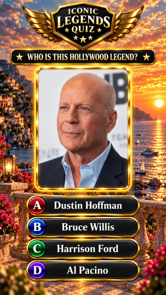 A quiz graphic featuring actor Bruce Willis in a gold frame set against a Mediterranean coastal town at sunset with mult