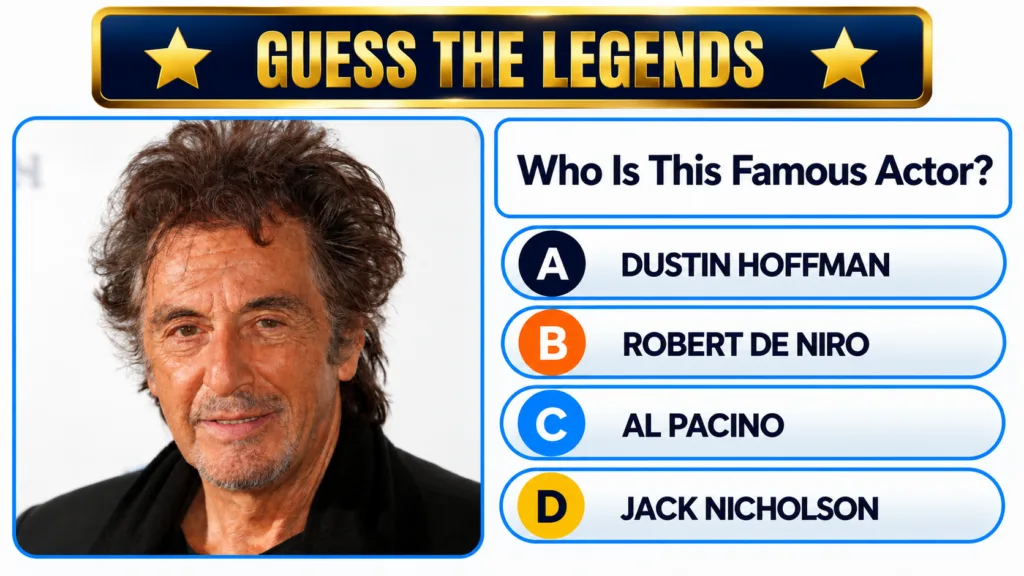 Mobile quiz game interface showing a portrait of actor Al Pacino with his curly hair with the title GUESS THE LEGENDS an