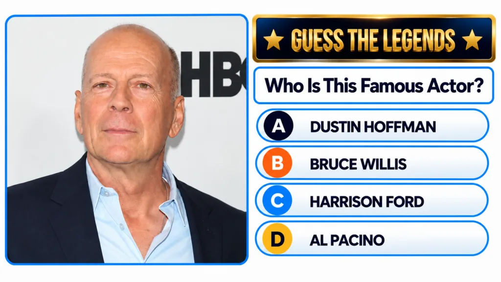 A mobile-style quiz screen featuring a headshot of actor Bruce Willis at its center with the banner GUESS THE LEGENDS an