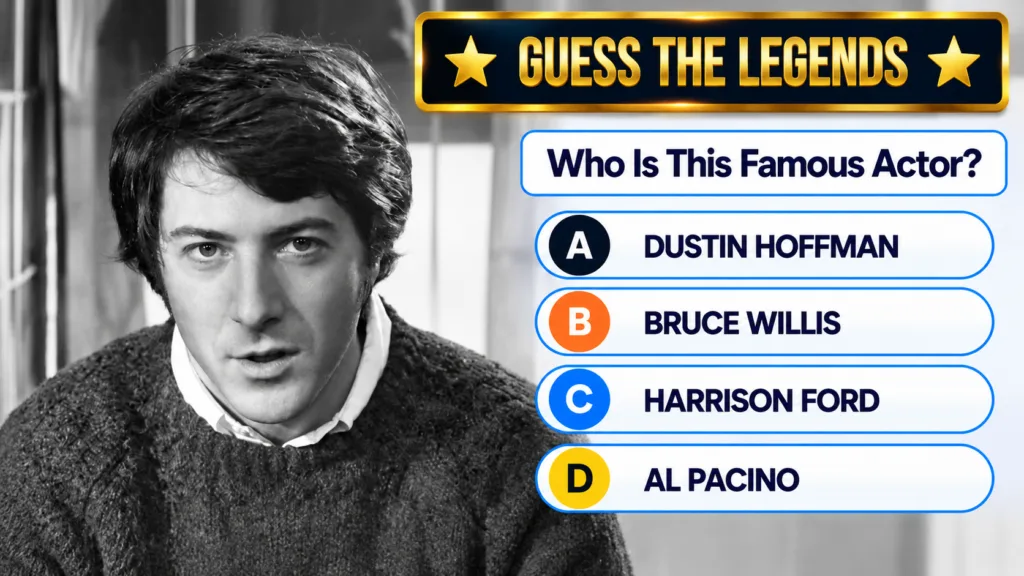 Black and white portrait of a young Dustin Hoffman within a Guess The Legends quiz interface looking directly at the cam