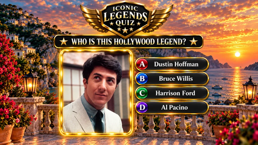 A quiz graphic titled ICONIC LEGENDS QUIZ featuring a headshot of a young Dustin Hoffman framed in glowing gold against 