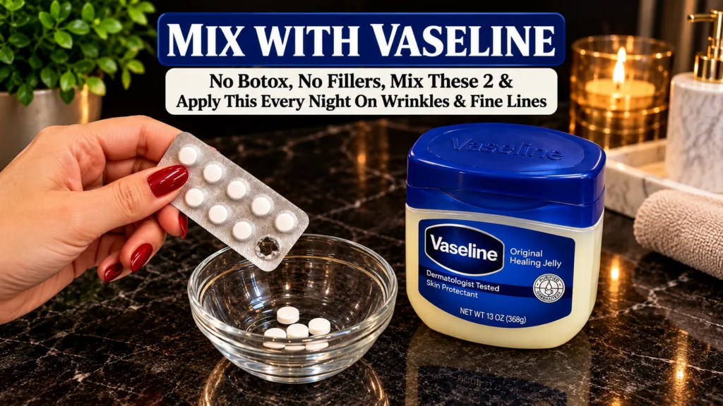 A hand holding a blister pack of white pills over a glass bowl with more pills next to a jar of Vaseline Original Healin