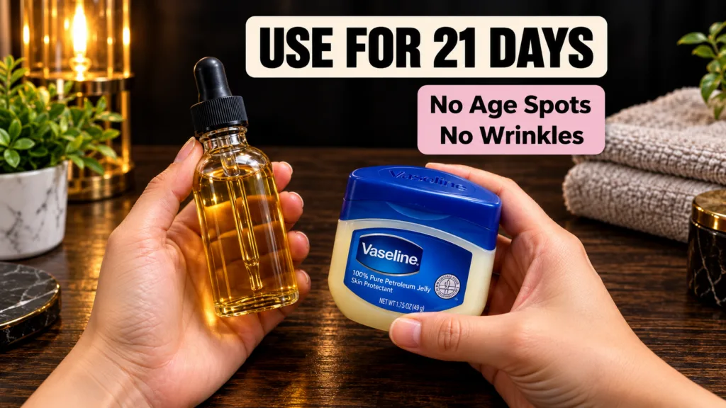 Hands holding a dropper bottle of golden facial oil and a jar of petroleum jelly against a warm dark background with blu