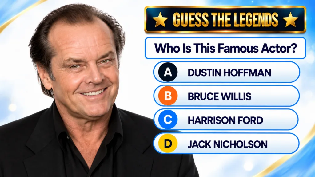 A mobile quiz game interface featuring a portrait of the famous actor Jack Nicholson He is smiling faintly wearing a bla