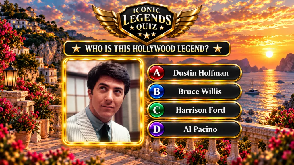 A mobile quiz interface showing a young Dustin Hoffman in a framed portrait with quiz options set against a sunset coast