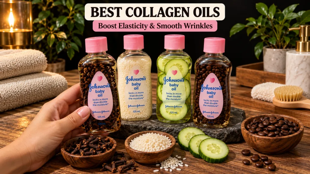 Four clear bottles of Johnson s baby oil each infused with natural ingredients like cloves rice cucumber slices and coff