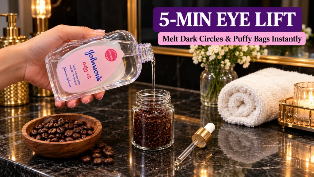 A hand pouring Johnson s baby oil into a clear jar filled with coffee grounds on a dark marble counter A wooden bowl of 