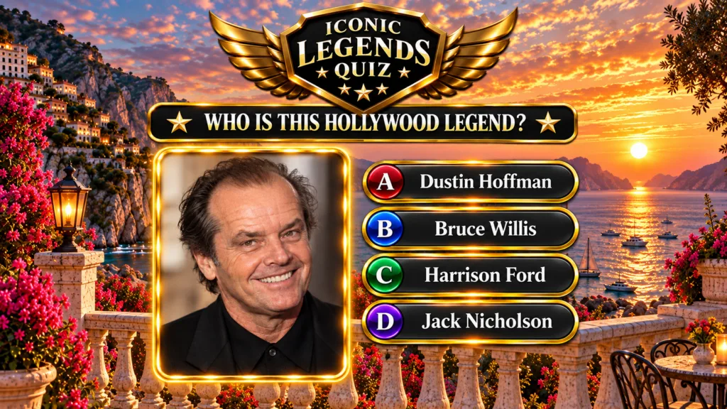A mobile quiz interface featuring a headshot of Jack Nicholson in a golden frame smiling warmly against a background of 