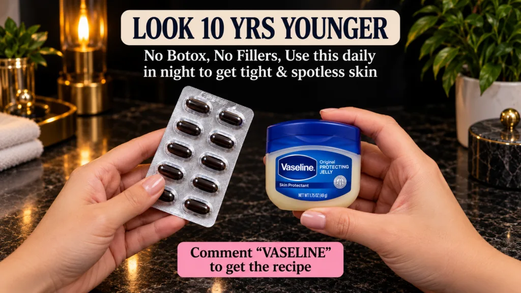 Two hands holding a blister pack of dark vitamin E capsules and a small jar of Vaseline Original Protecting Jelly agains