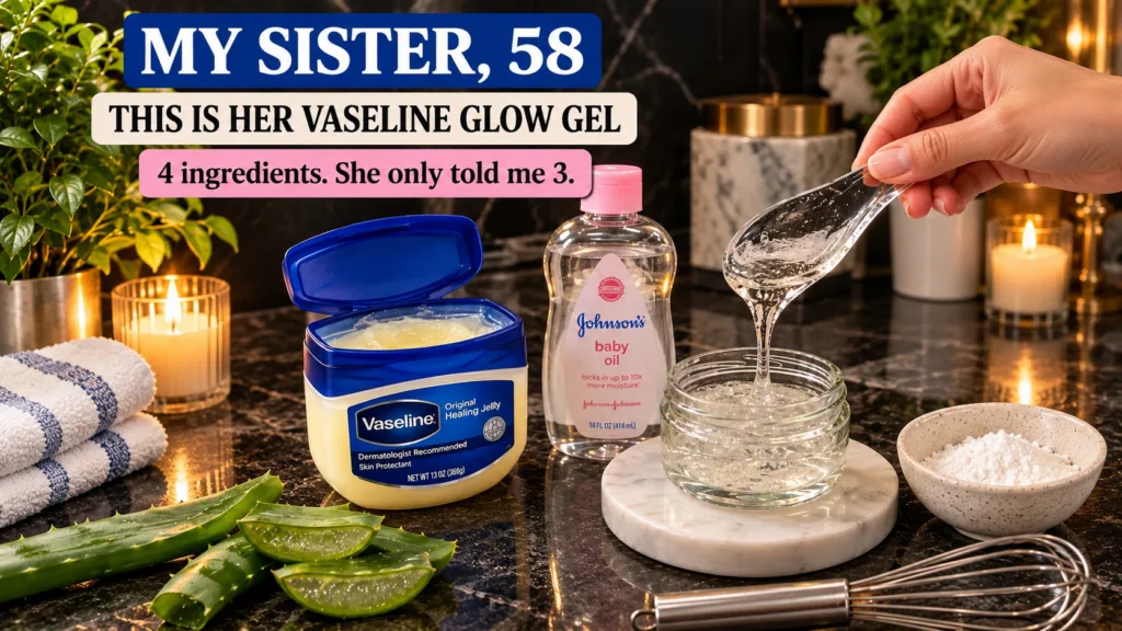Ingredients for the Pretty Pop Vaseline Glow Gel laid out on a dark countertop an open tub of Vaseline a bottle of Johns