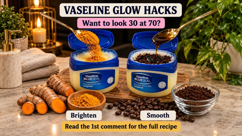 Two open jars of Vaseline BlueSeal with natural ingredients One jar has turmeric powder being spooned in surrounded by t