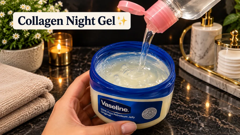 A hand holding a tub of Vaseline petroleum jelly with Collagen Night Gel being poured into it from a clear bottle A lit 
