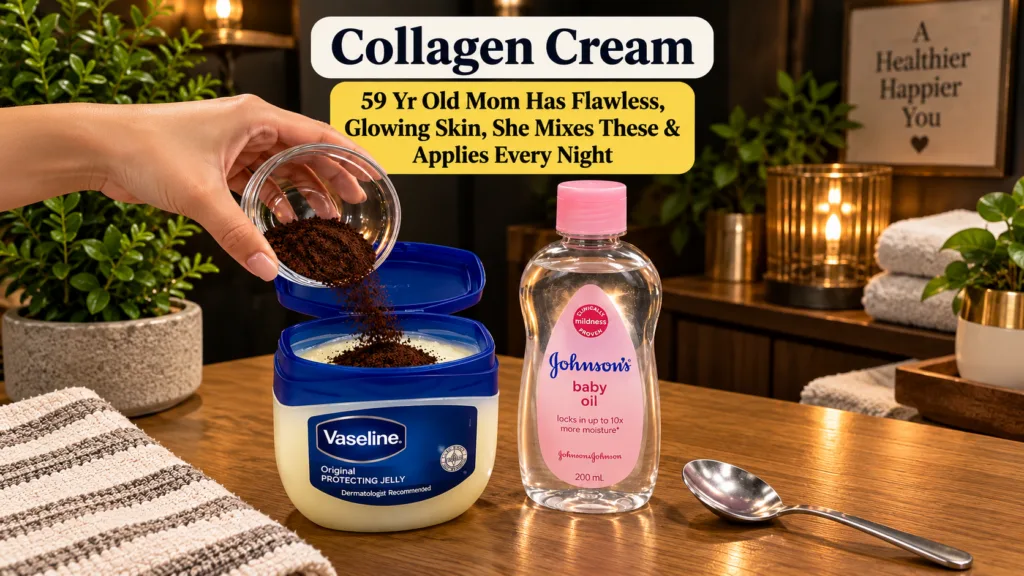 A hand pouring coffee grounds into an open tub of Vaseline with a bottle of baby oil and a spoon nearby on a wooden surf