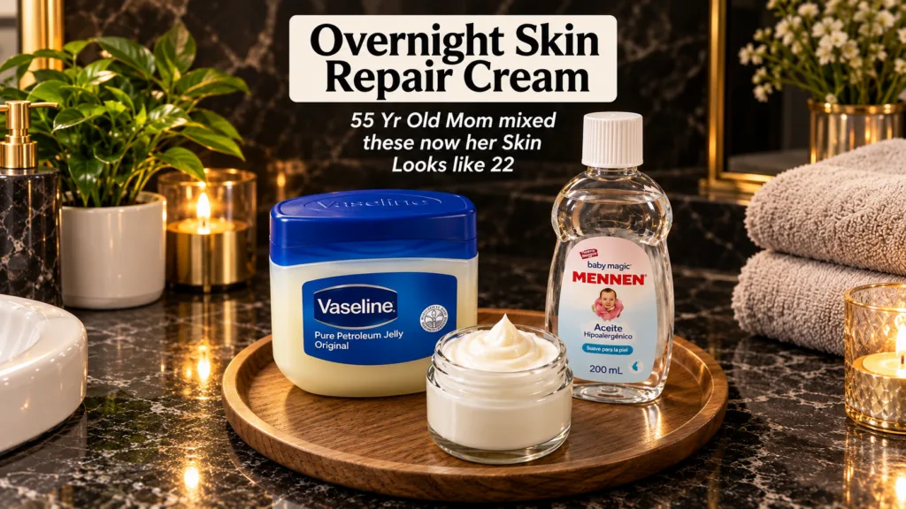 Three skincare products a large tub of Vaseline Petroleum Jelly a bottle of Mennen Baby Magic Hypoallergenic Oil and a s
