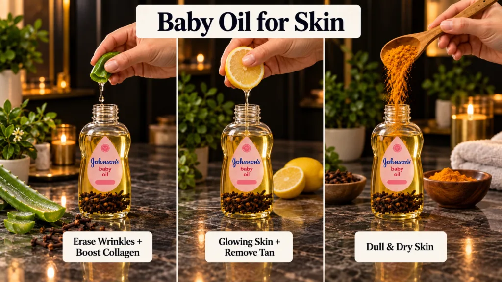 Three hands adding aloe vera lemon and turmeric powder to separate bottles of baby oil Each bottle has text below it ind