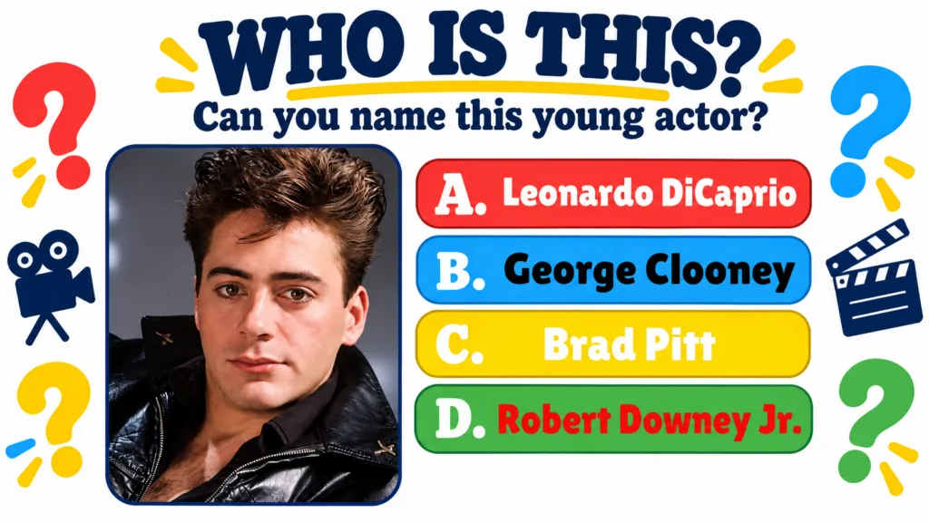 A quiz graphic featuring a central portrait of a young Robert Downey Jr in a black leather jacket surrounded by quiz que