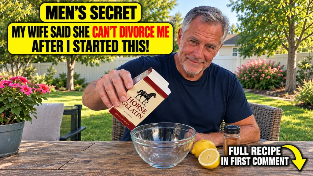 A smiling middle-aged man outdoors holding a box of horse gelatin ready to pour it into an empty glass bowl on a wooden 