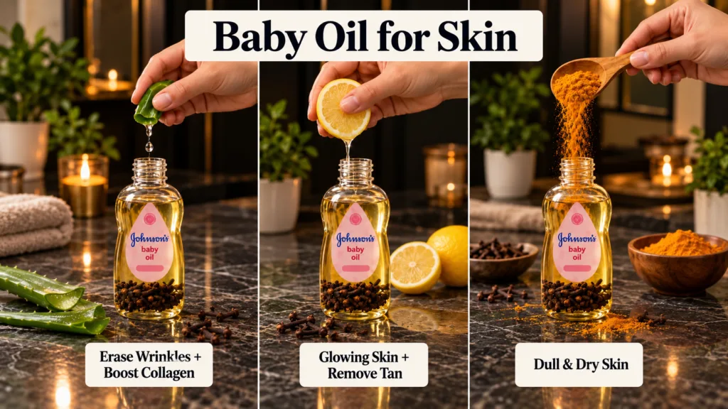 A vertical triptych showing Johnson s baby oil being mixed with aloe vera lemon juice and turmeric powder each with a te