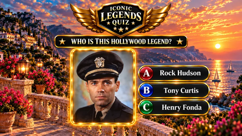 A quiz interface showing a framed portrait of a man in a naval uniform against a Mediterranean sunset background Options
