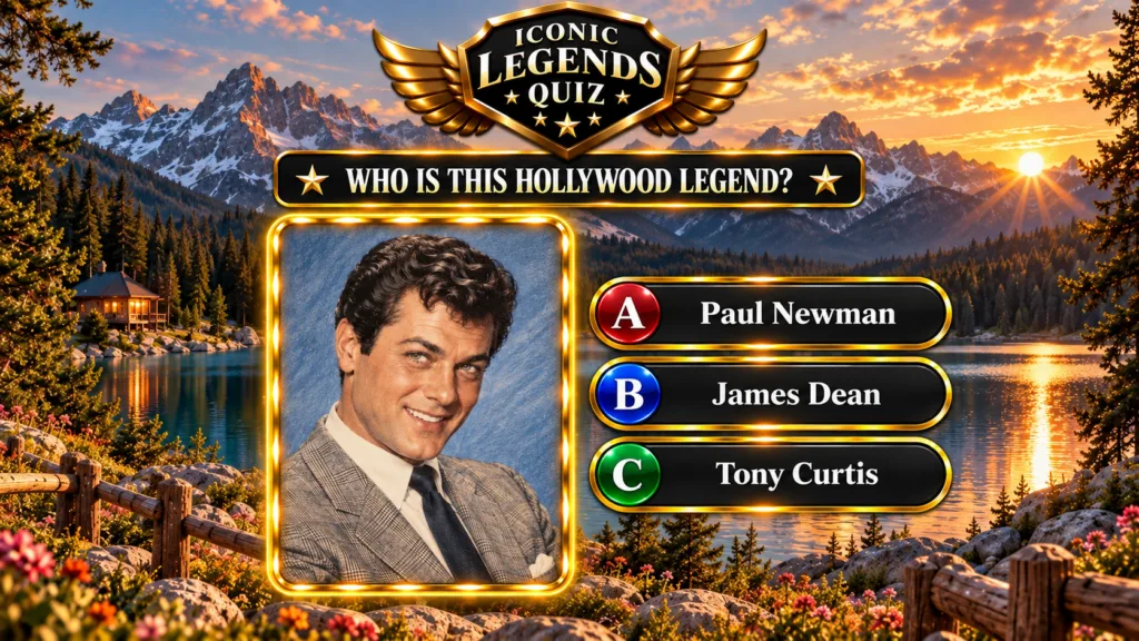 Portrait of Tony Curtis in a suit framed by a golden border superimposed on a mountain lake sunset scene with quiz eleme