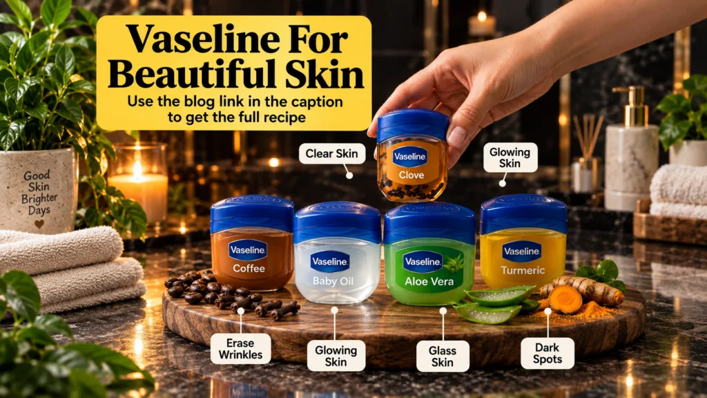 A hand holding a Vaseline Clove jar surrounded by other Vaseline jars Coffee Baby Oil Aloe Vera Turmeric and scattered n