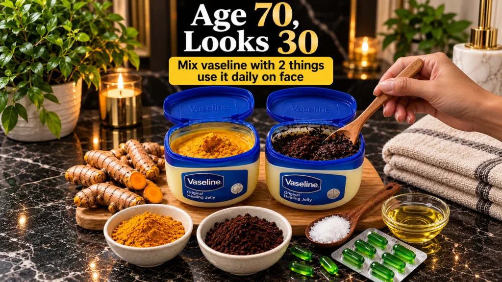 A flat lay of two open tubs of Vaseline mixed with natural ingredients one with turmeric the other with coffee grounds S