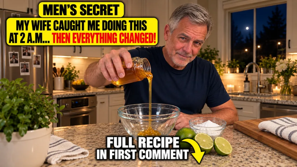 A smiling middle-aged man pouring golden honey from a jar into a clear glass bowl on a kitchen counter at night with lim