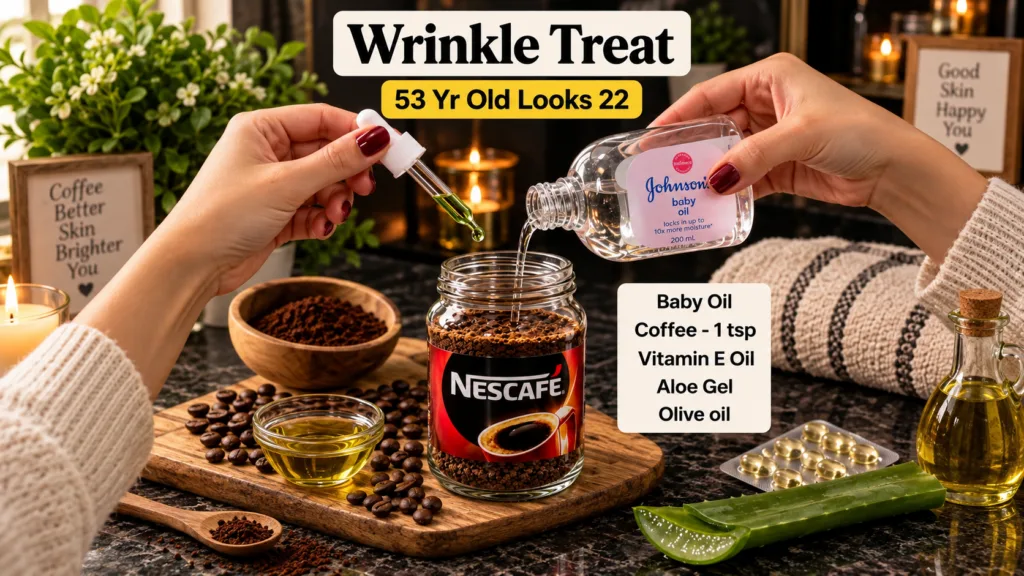 A flat lay showing hands mixing coffee baby oil vitamin E olive oil and aloe vera in a jar with coffee beans and lit can