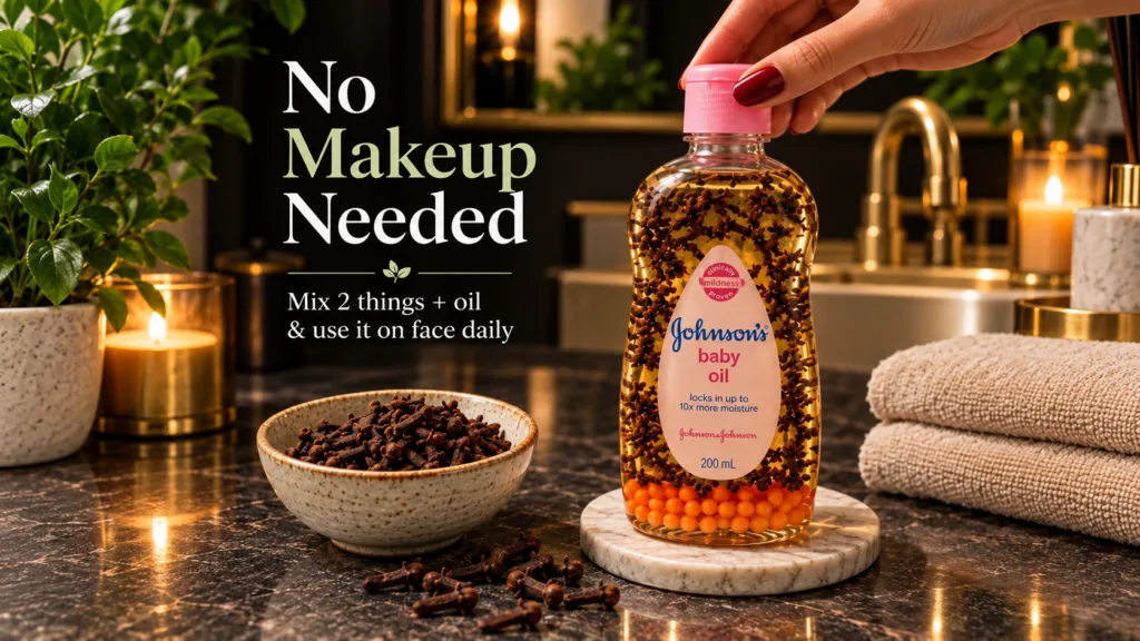 A Johnson s baby oil bottle infused with cloves and orange beads held by a woman with red nails against a luxurious spa
