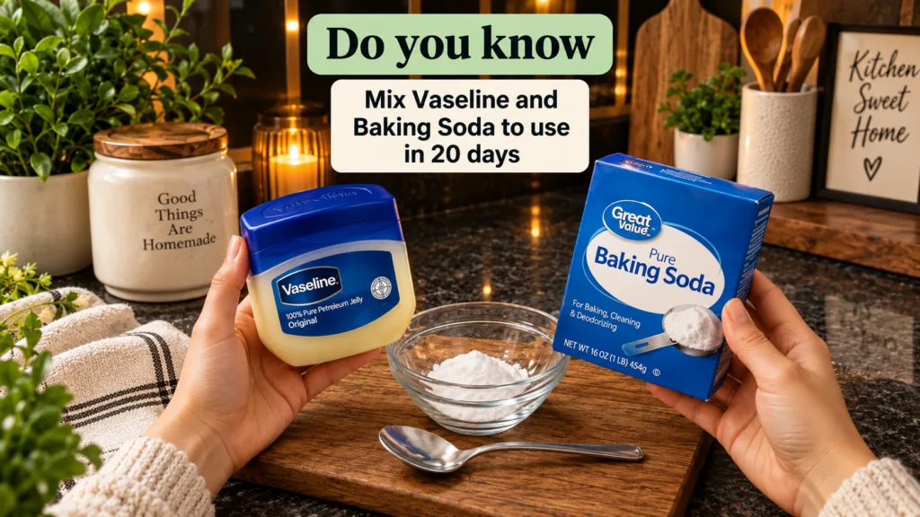 Two hands holding a jar of Vaseline and a box of baking soda over a wooden board with a bowl of white powder and a spoon