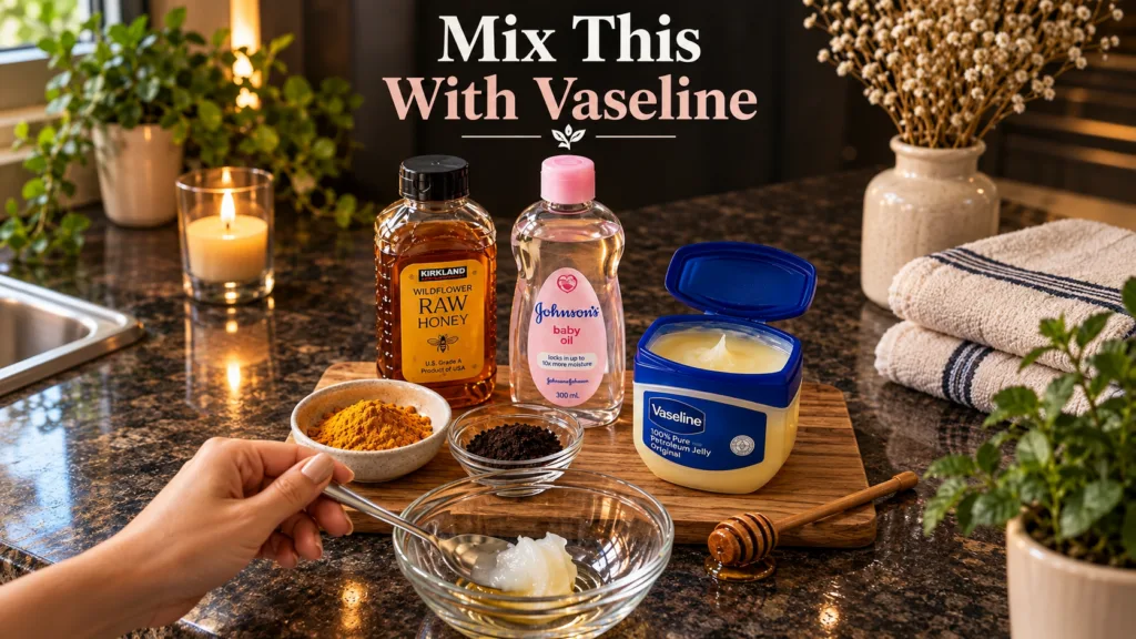 A hand stirring Vaseline and honey in a clear mixing bowl surrounded by bottles of honey baby oil a jar of Vaseline and 