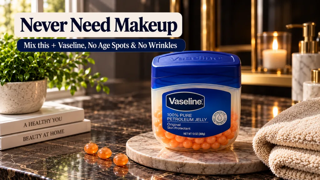 A tub of Vaseline 100 Pure Petroleum Jelly filled with small vibrant orange capsules placed on a light marble coaster wi