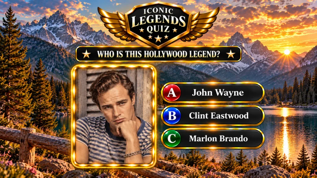 A vertical quiz interface featuring a portrait of Marlon Brando with a dramatic mountain lake and sunset backdrop golden