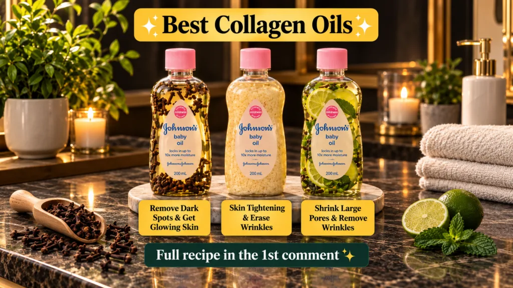 Three customized bottles of Johnson s baby oil infused with natural ingredients cloves oats and lime with mint arranged 