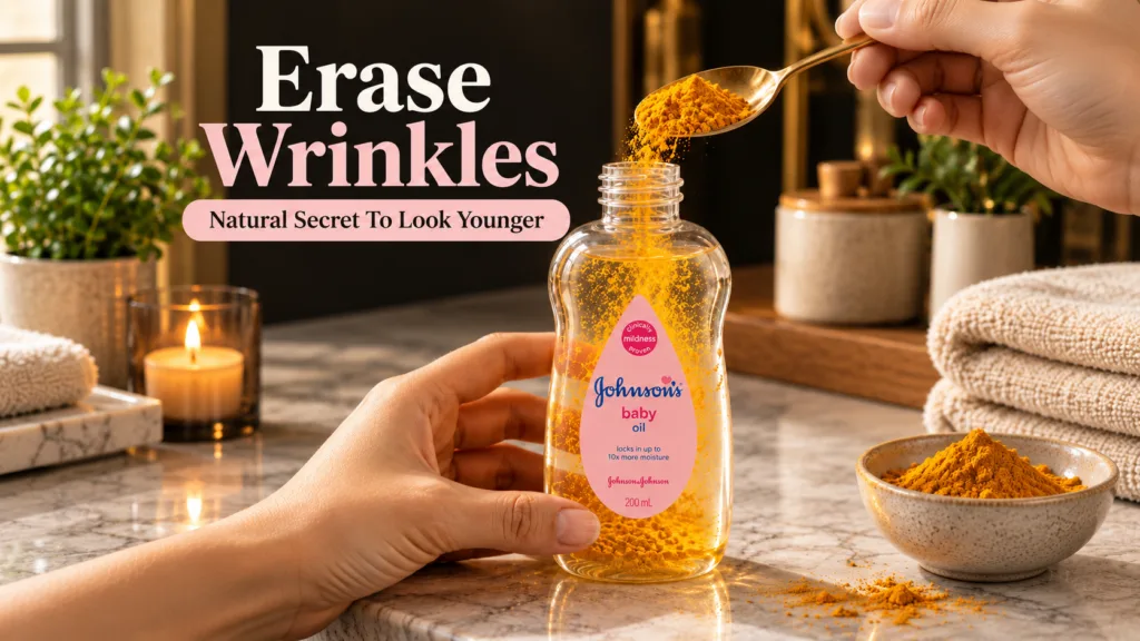 A hand pouring golden turmeric powder from a spoon into a bottle of Johnson s baby oil on a marble surface with a lit ca