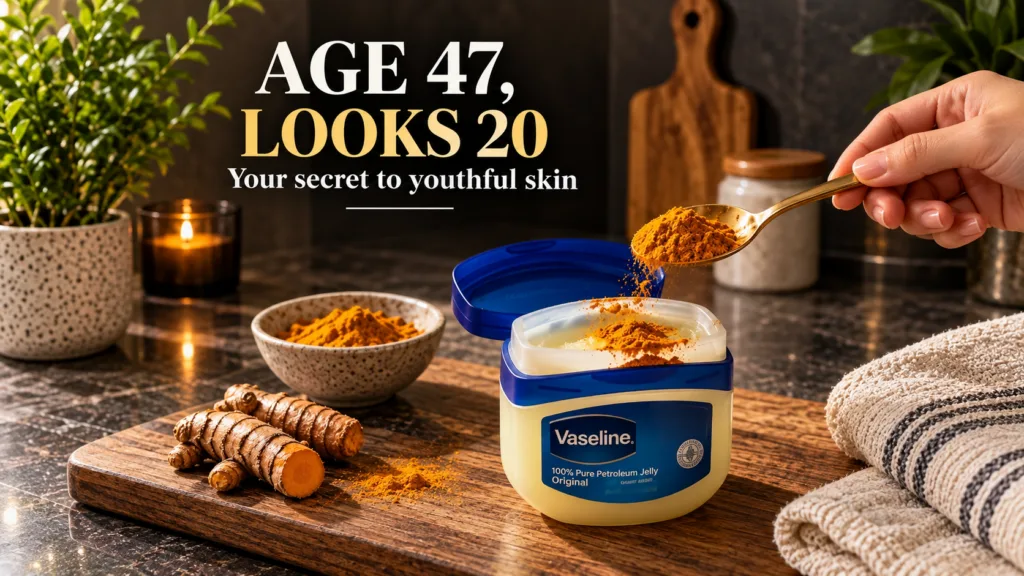 A close-up flat lay of a hand pouring golden turmeric powder from a spoon into a tub of Vaseline petroleum jelly with fr