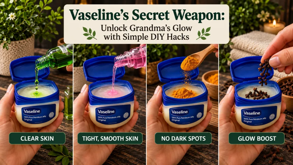 A four-panel grid showing hands adding different natural ingredients into tubs of Vaseline for DIY skincare hacks Ingred