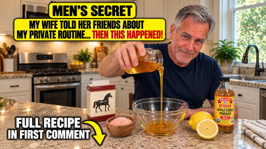 A smiling man in a bright well-lit kitchen actively pouring golden honey from a clear jar into a clear glass bowl on a c