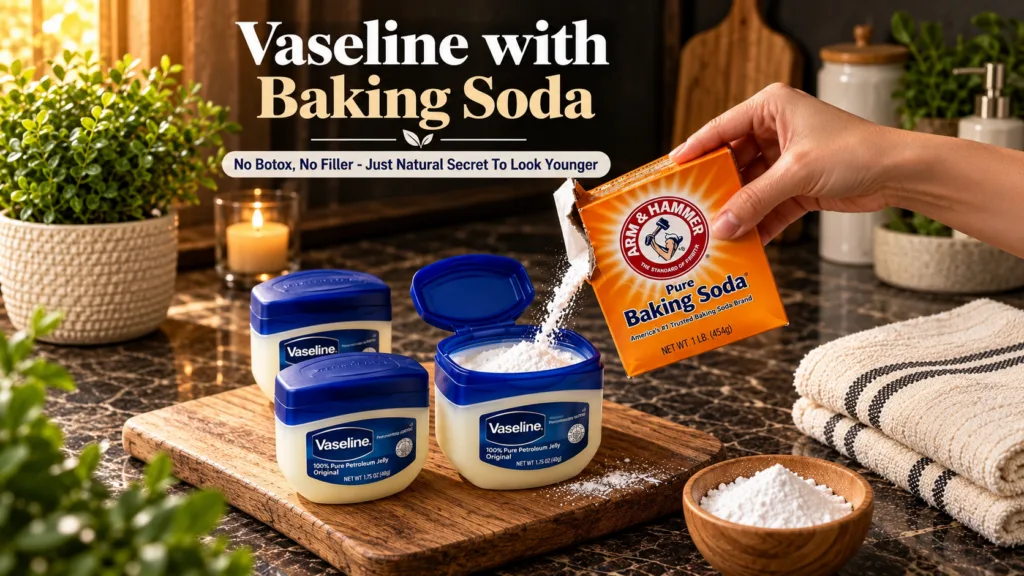 A hand pouring baking soda from a box into an open Vaseline jar surrounded by other Vaseline jars on a dark marble surfa
