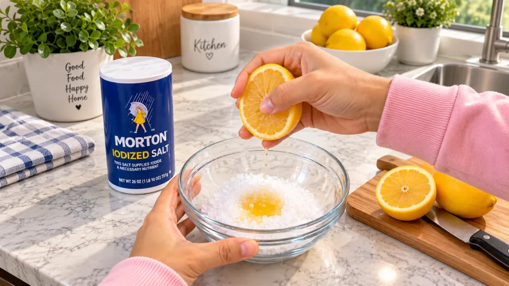 Close-up of hands squeezing a fresh lemon half over a glass bowl containing coarse salt and a pool of lemon juice