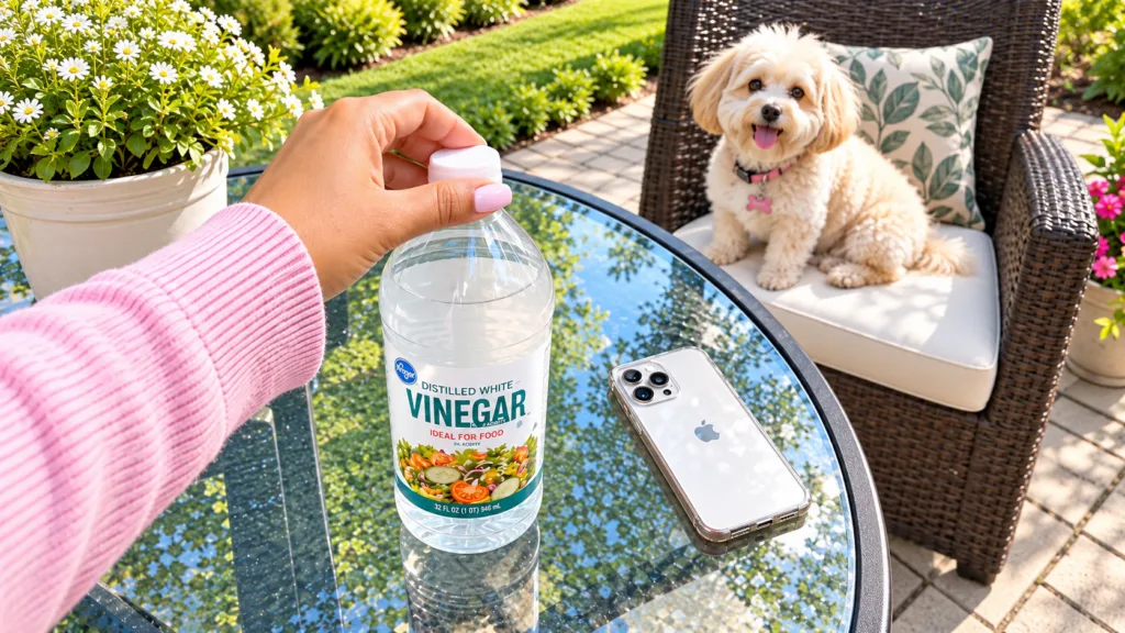 A hand holding a bottle of white vinegar on a reflective glass outdoor table with an iPhone nearby and a small fluffy do