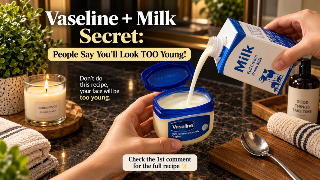 Hands pouring milk from a carton into an open jar of Vaseline with a flickering candle and a small potted plant in the b
