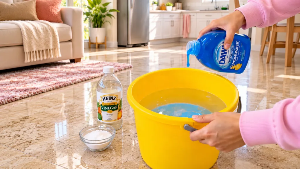 Hands mixing ingredients for a homemade cleaning solution in a bright yellow bucket Dish soap is being poured into water