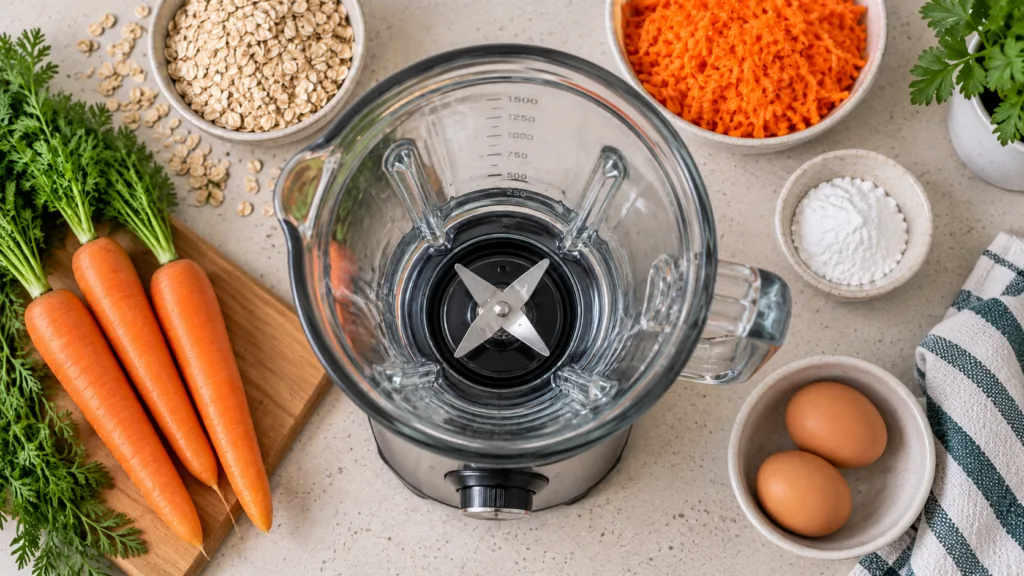 An empty blender seen from a top-down view surrounded by fresh plant-based baking and blending ingredients like whole an