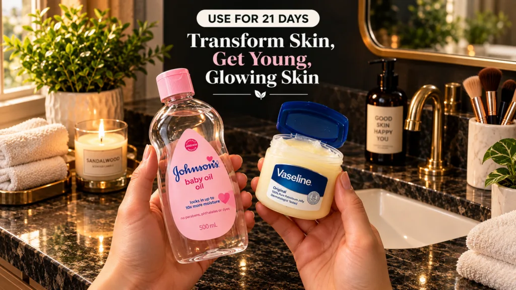 Two hands holding a bottle of Johnson s Baby Oil and a jar of Vaseline against a warm ambient bathroom backdrop with a f