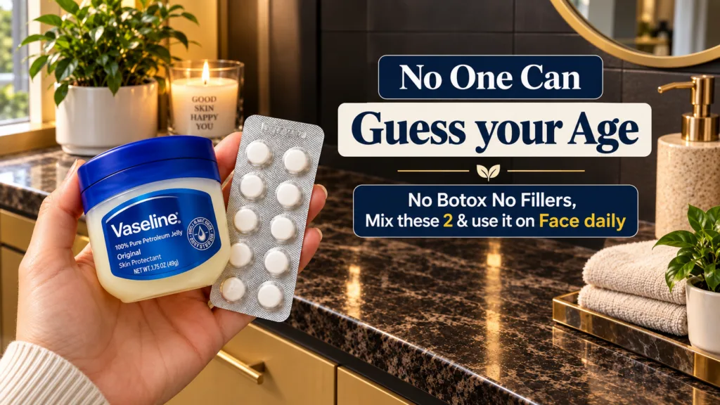 A hand gently holding a small clear jar of petroleum jelly on a clean bathroom vanity with soft natural lighting A small