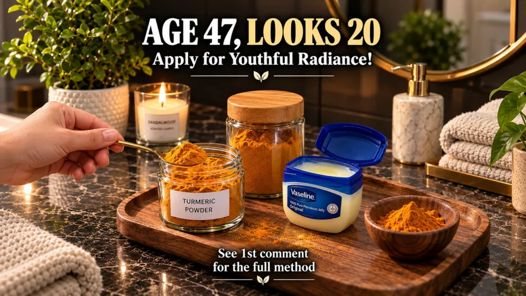 Ingredients for a DIY turmeric and Vaseline face mask including turmeric powder in a jar a container of Vaseline and a s
