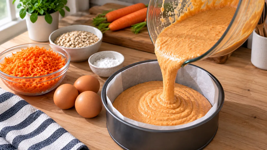 Carrot cake batter being poured from a glass bowl into a parchment-lined springform pan surrounded by ingredients like g